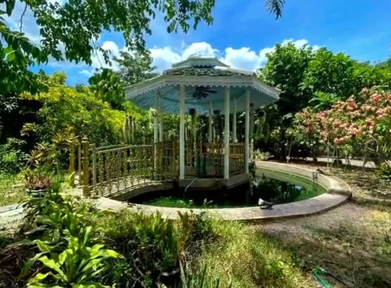 Pavilion by a pond in the garden