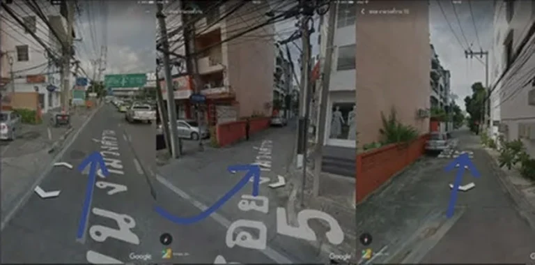 Street view of the turn from Ngamwongwan Road into the soi