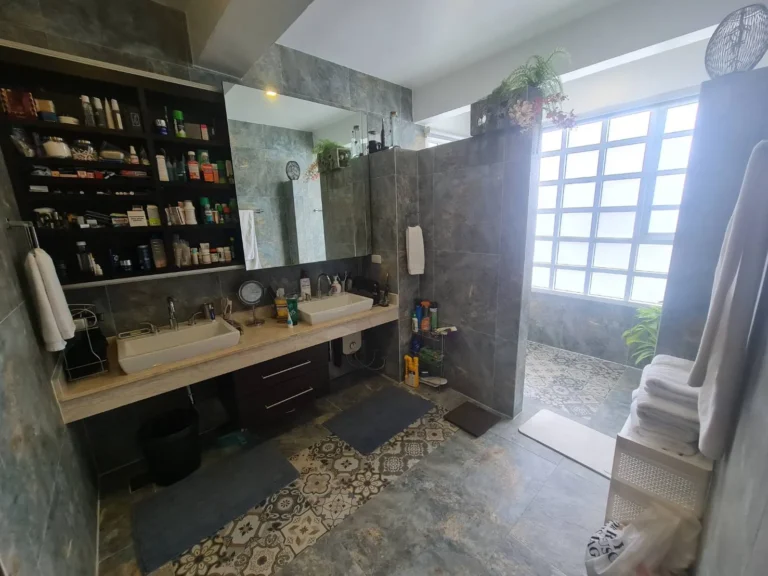 Master bathroom with a double vanity and a walk-in shower