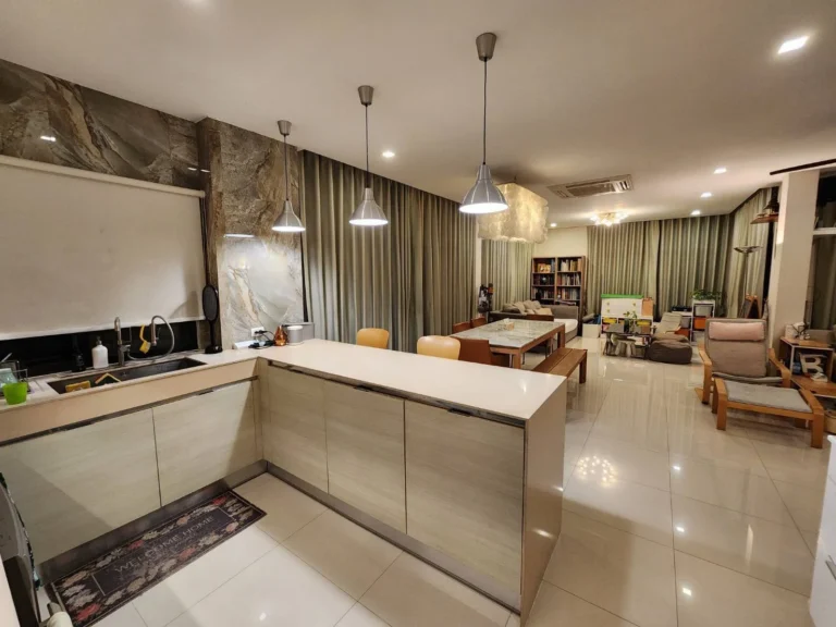 Kitchen and living area at night